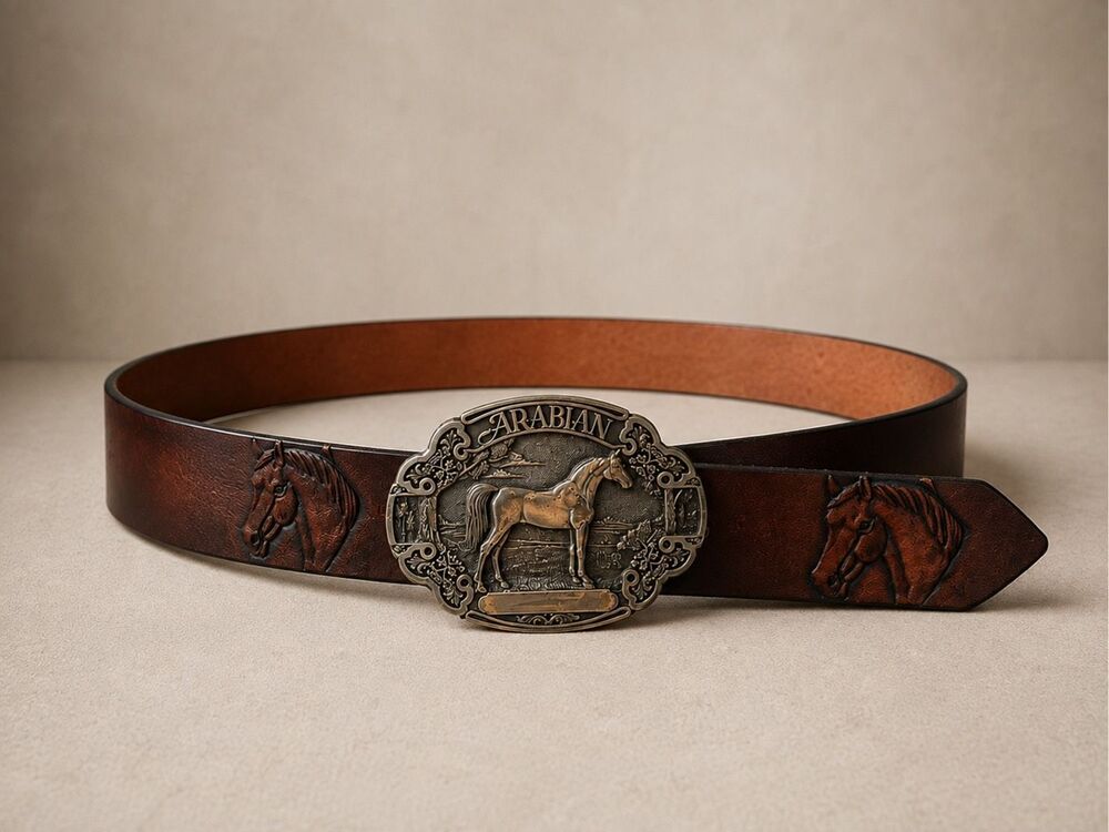 Vintage Genuine Leather Arabian Horse Solid Brass Western Equestrian Belt, luxur